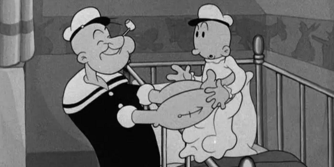 Popeye lifting Swee' Pea out of his crib.