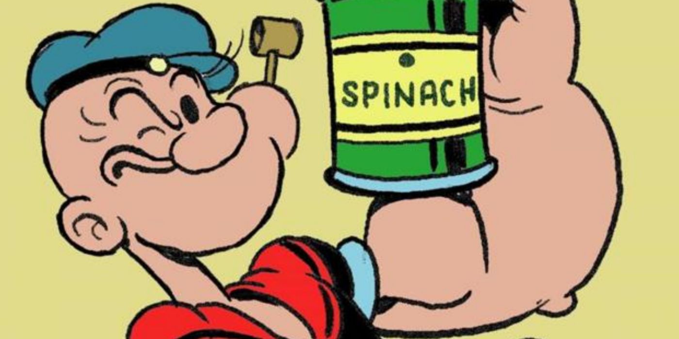 An image of Popeye holding a can of spinach on his bicep.