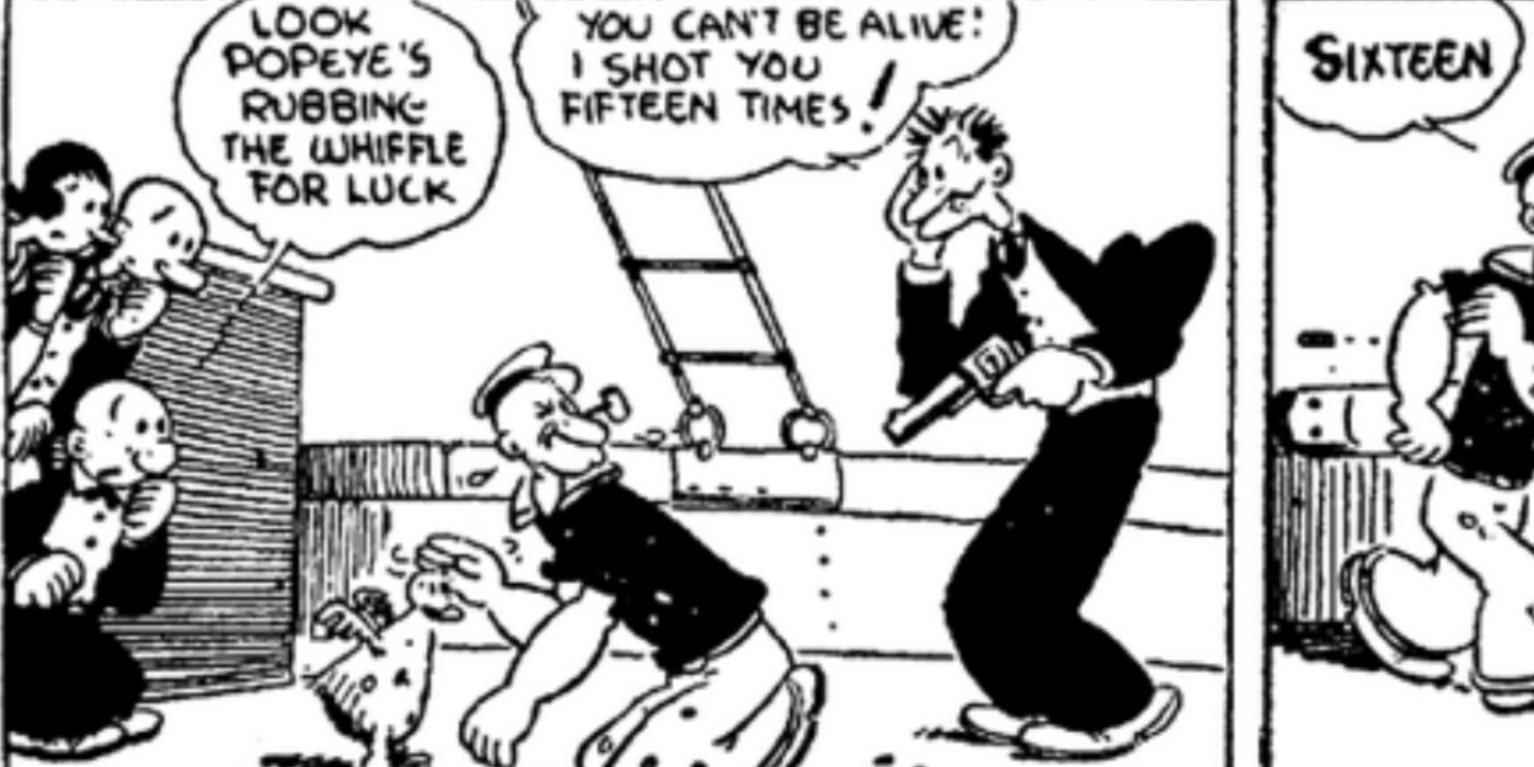 Popeye rubbing a hen's head in the comics.