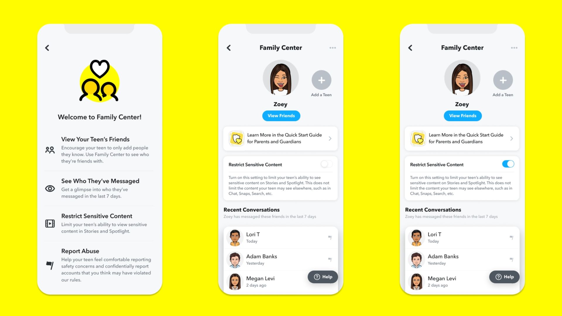 Image of the Family Center features for parents on Snapchat
