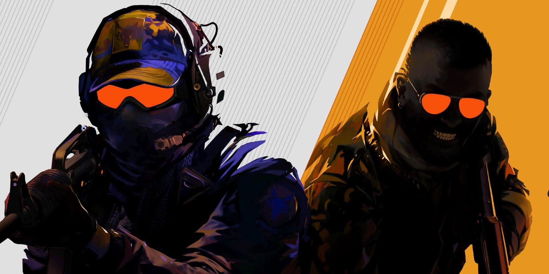 A crop of the official key-art for Counter-Strike 2, showing two agents. One is wearing a mask, tactical goggles, and a hat while aiming their rifle, while the second one uses aviator shades and clenchs their teeth while holding a gun.