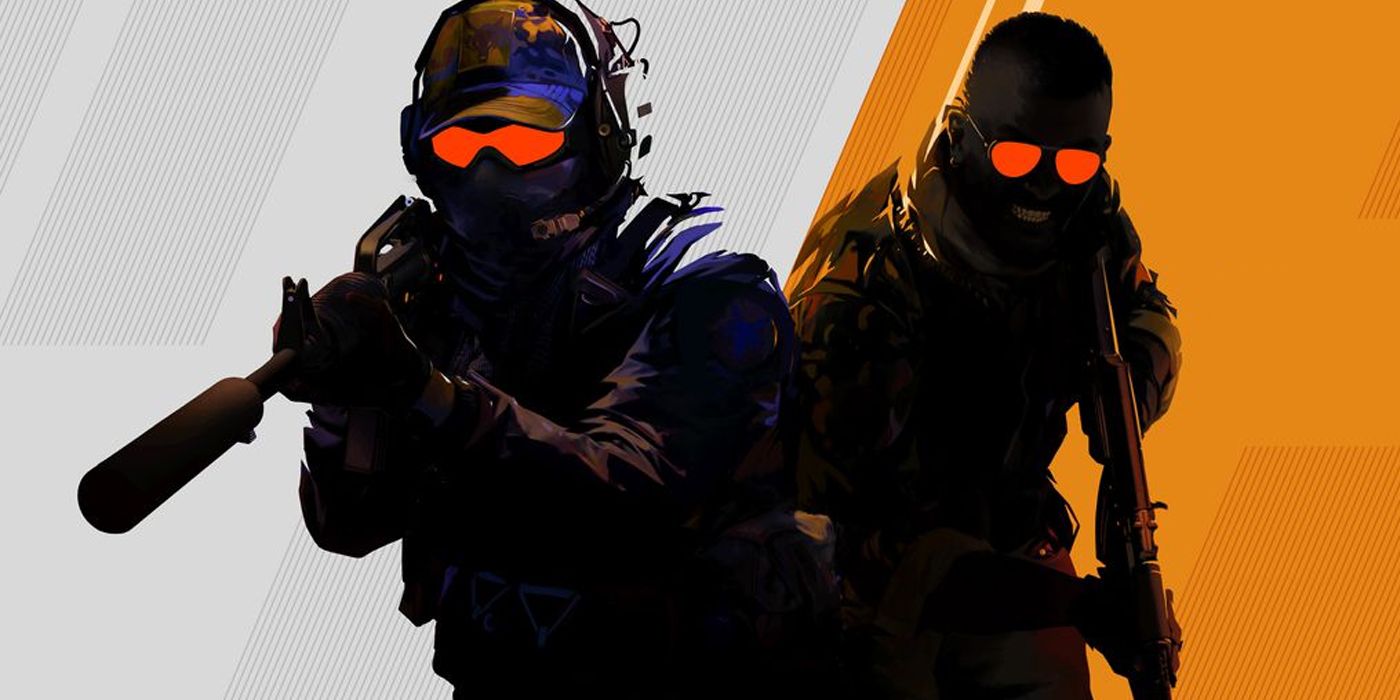 Two soldiers with red sunglasses stand back to back aiming their guns against a vibrant orange and white background in the promotional art for Counter-Strike 2