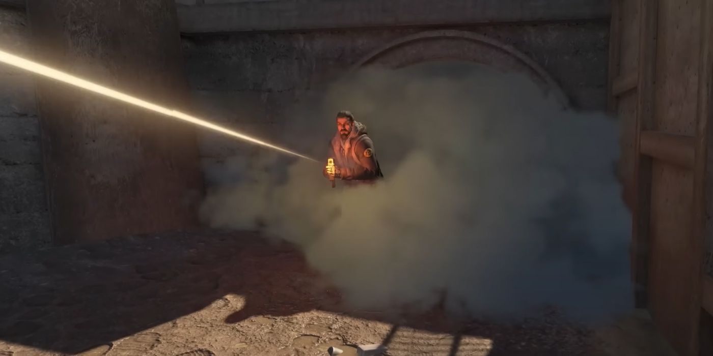 A soldier emerges from a smoke filled tunnel while firing a gun in Counter-Strike 2
