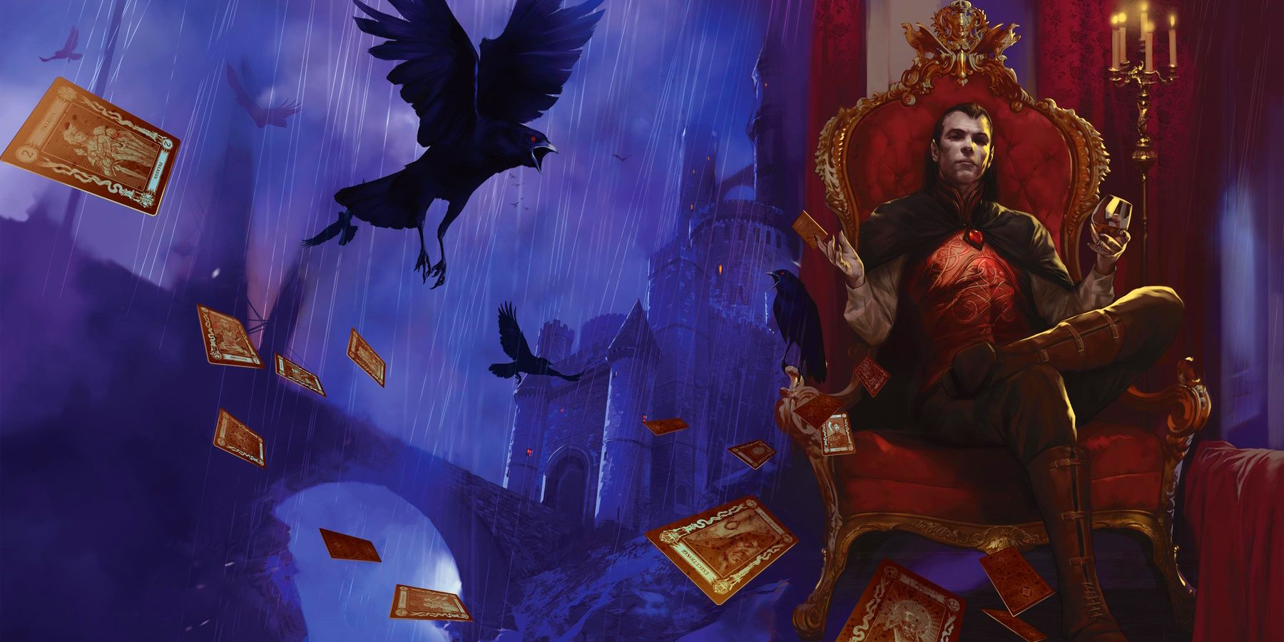 A raven flies over a desk of cards spilling out into the rain soaked night as Count Strahd sits casually on an ornate chair.