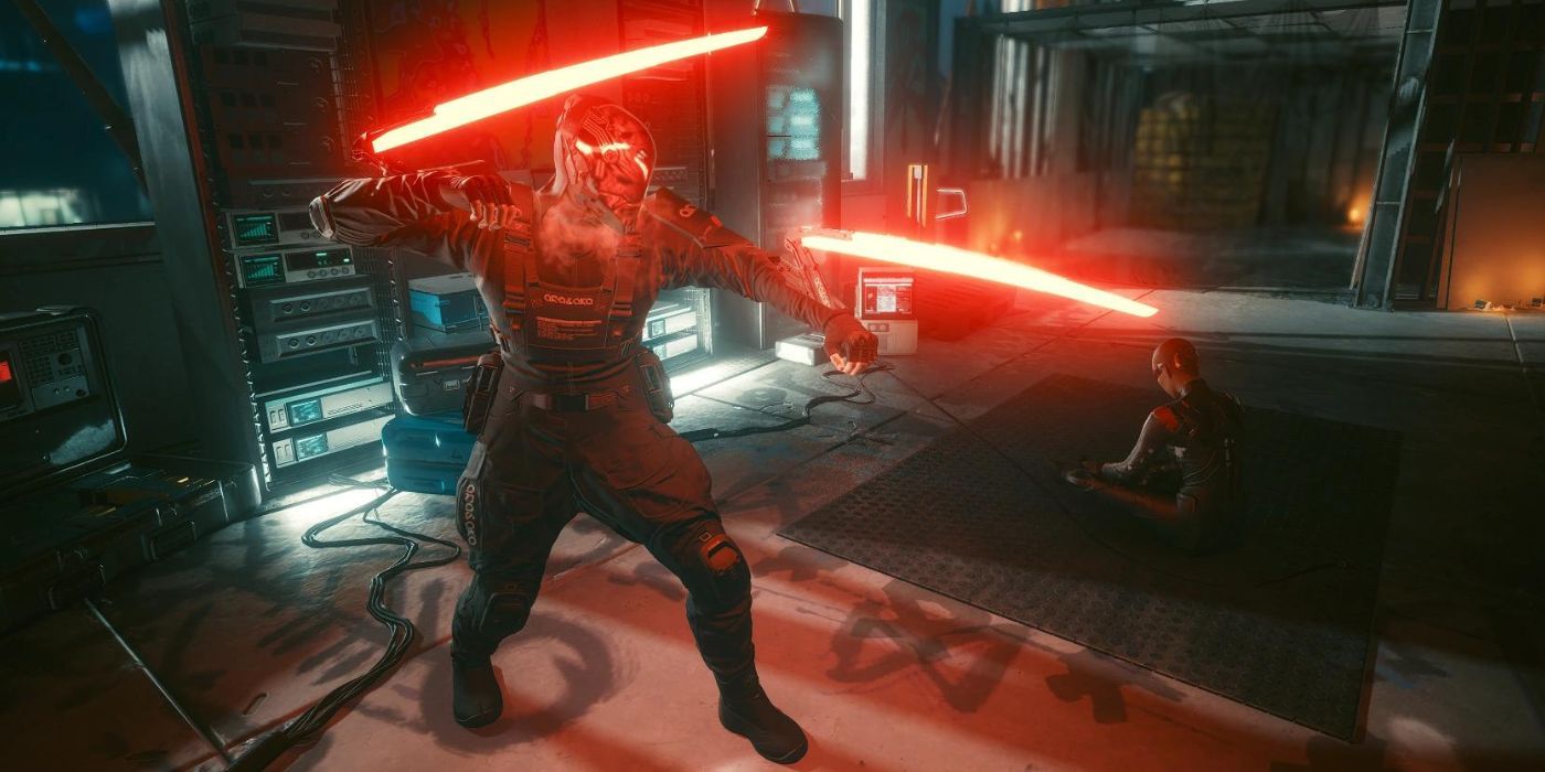Cyberpunk 2077's Sandayu Oda during his boss battle, wielding glowing red mantis blades and protecting Arasaka's netrunner.