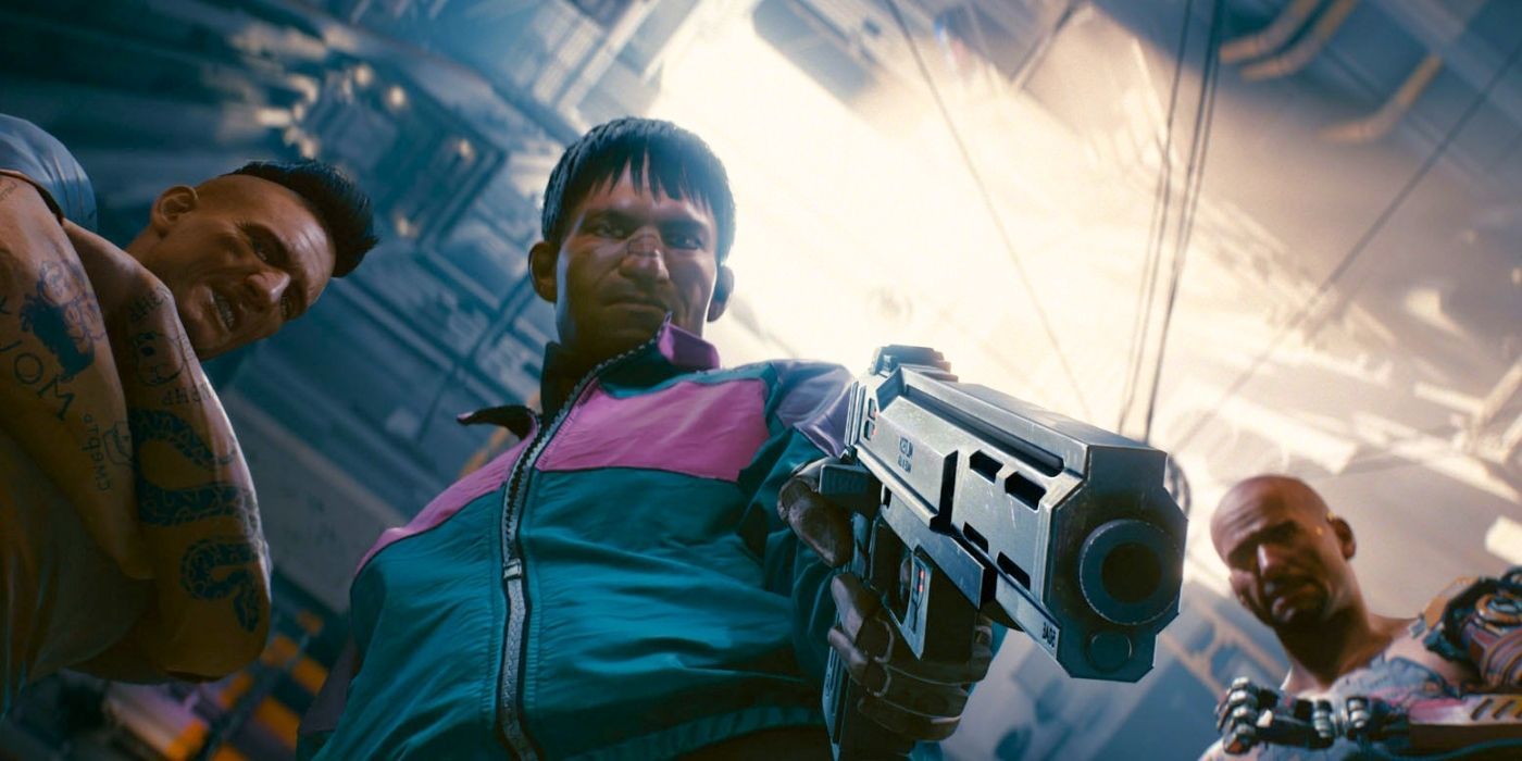 Concept art of the Scavenger gang from Cyberpunk 2077, with one member in a tracksuit looking down into the camera and aiming his pistol towards it.