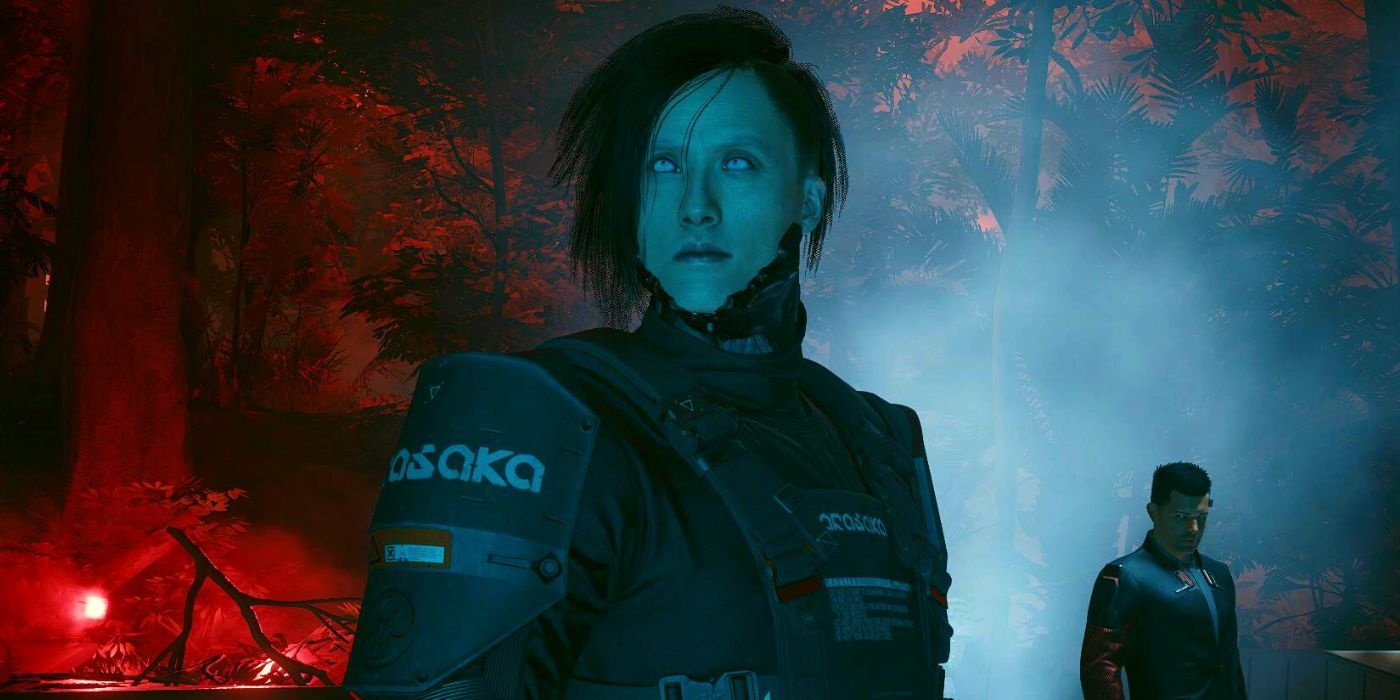 A close-up image of Sandayu Oda in Konpeki Plaza's forest-themed meeting room, looking off into the distance with Mr. Blue Eyes standing menacingly behind him in Cyberpunk 2077.