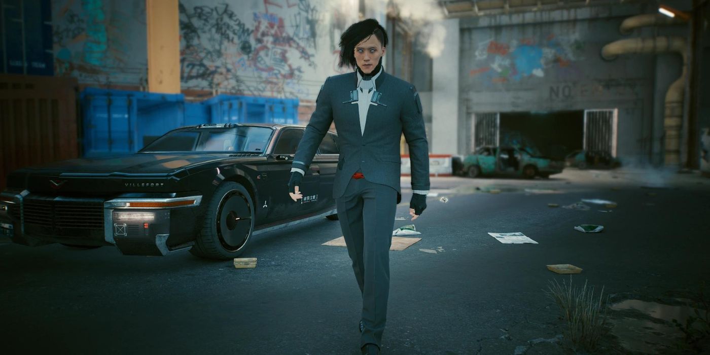A screengrab of Sandayu Oda from Cyberpunk 2077 walking towards the camera, dressed in a suit and looking determined.