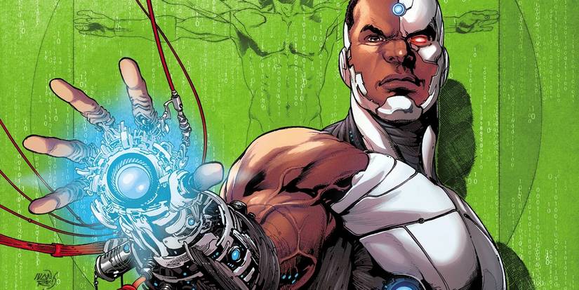 Comic book art: Cyborg prepares to use his arm cannon.