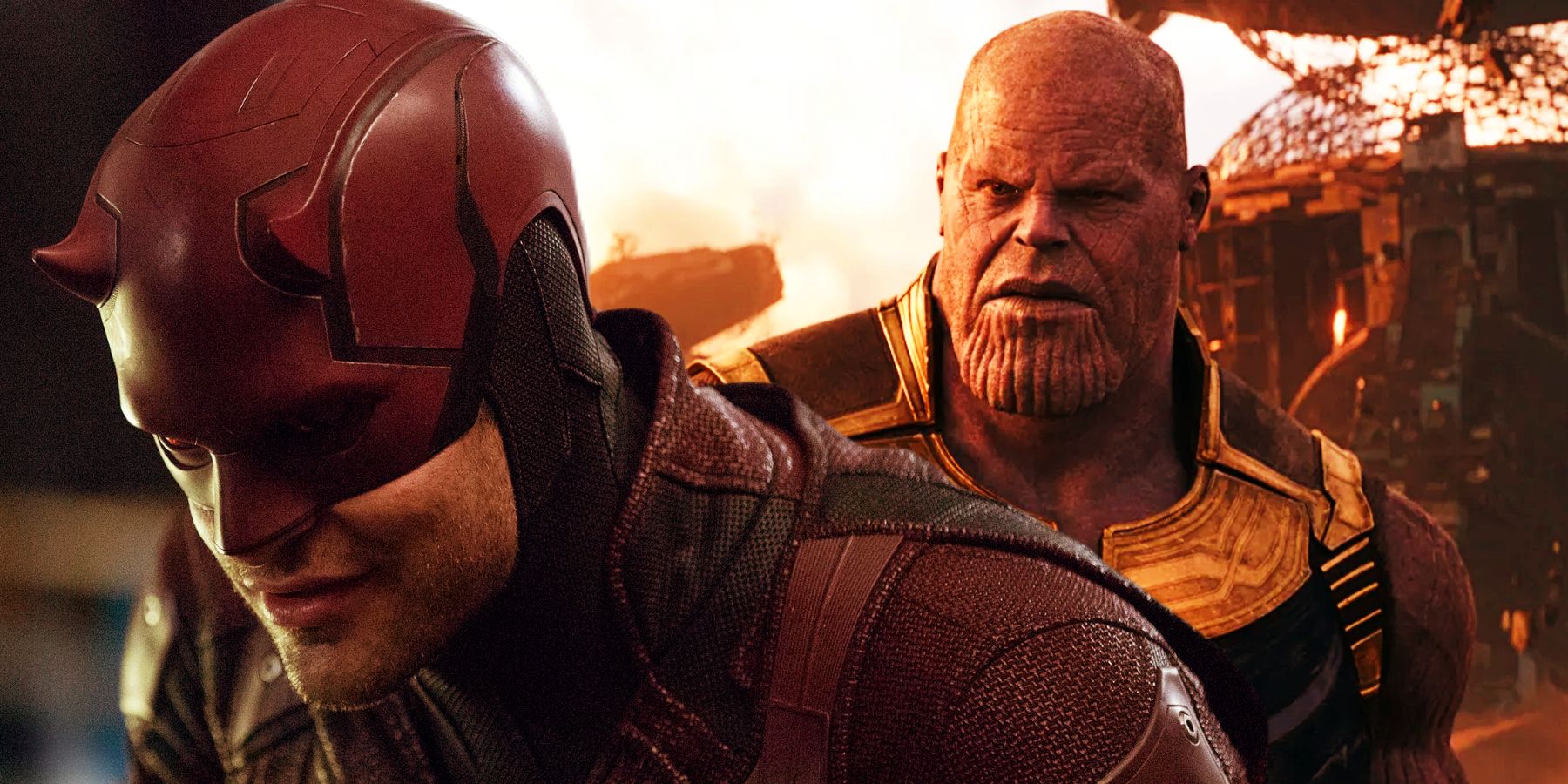 Imagen compartida: Daredevil (Charlie Cox) merodea la noche y Thanos (Josh Brolin) en Titán
