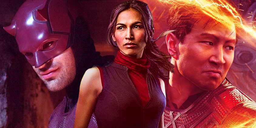 Split Image of Daredevil (Charlie Cox), Elektra (Elodie Yung), and Shang-Chi (Simu Liu) in the MCU