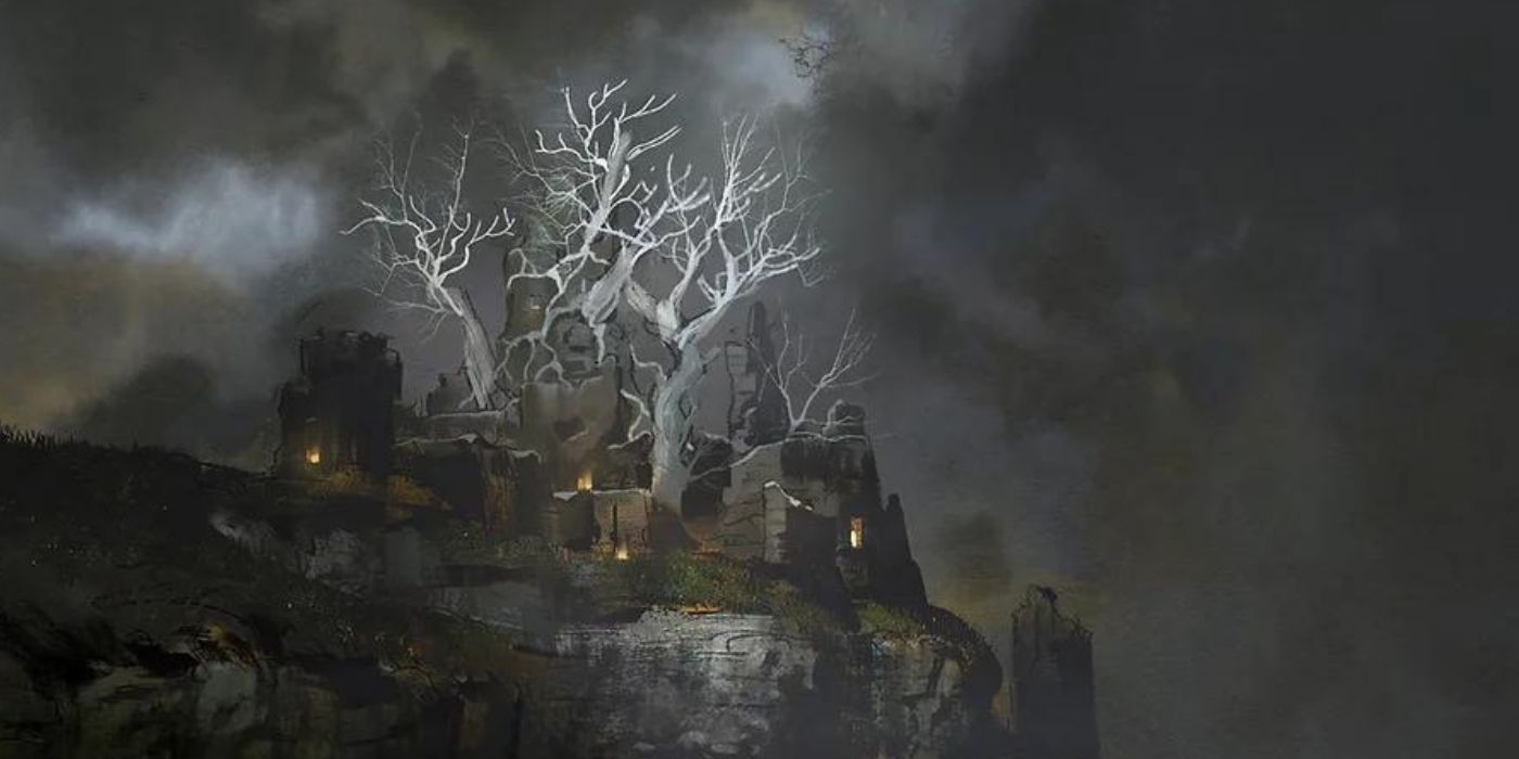 Art of a large white tree growing from inside a castle, which is perched atop a stormy hill in Dark and Darker.