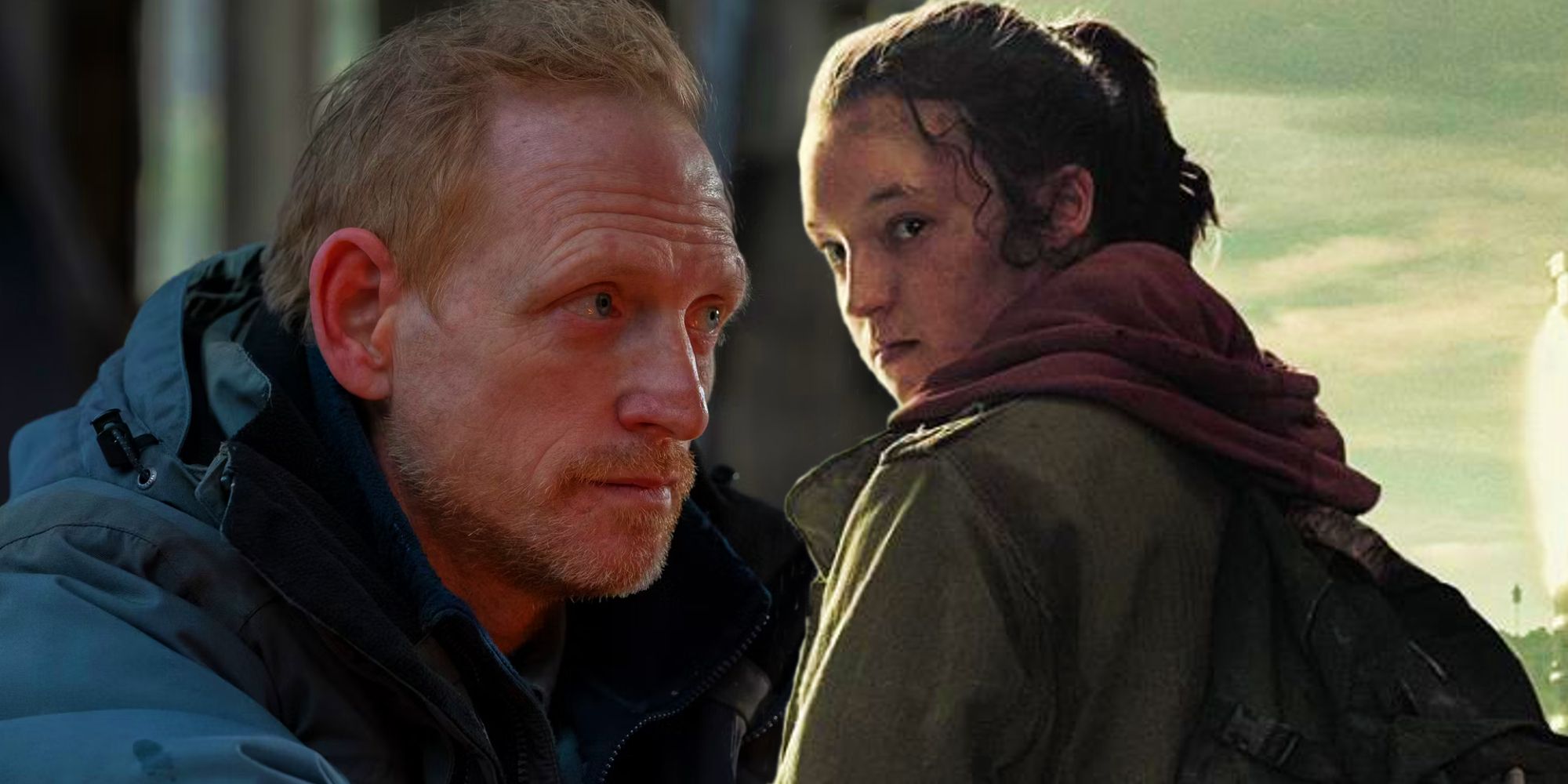 Scott Shepherd as David in Last of Us episode 8 and Bella Ramsey as Ellie in her character poster for HBO's Last of Us