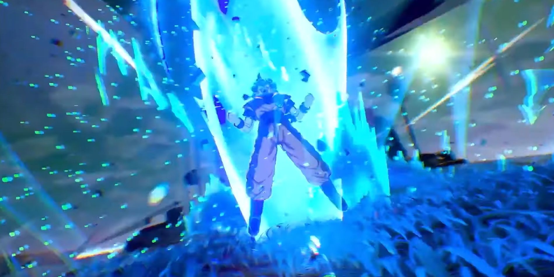 Dragon Ball main character Goku is seen powering up to his Super Saiyan Blue form with blue aura's exploding from him while light reflects around him transforming on a blue grassy plain.