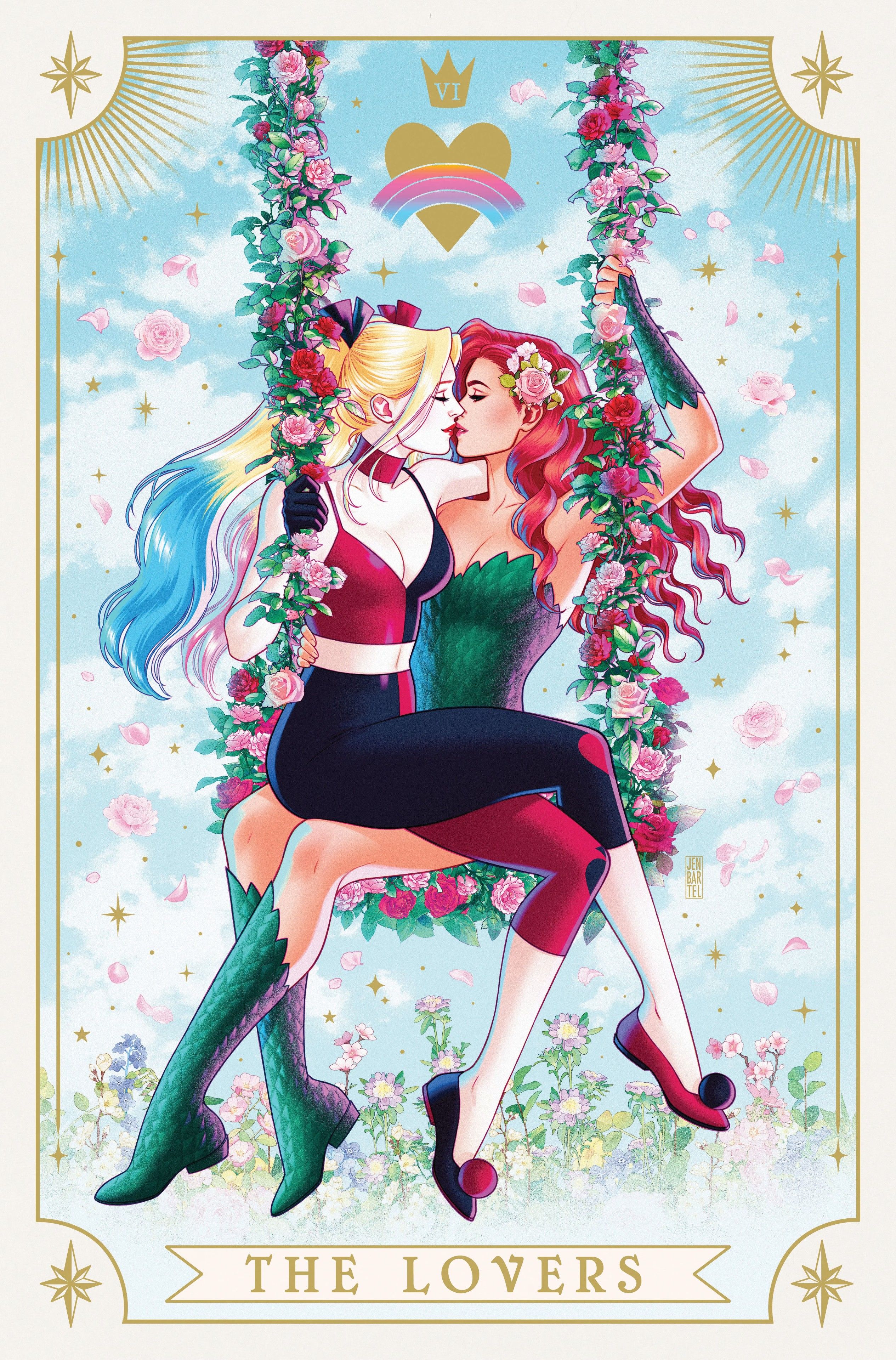 DC Pride 2023 1  Bartel Special Foil Variant Featuring Poison Ivy and Harley Quinn Embracing on a Floral Swing