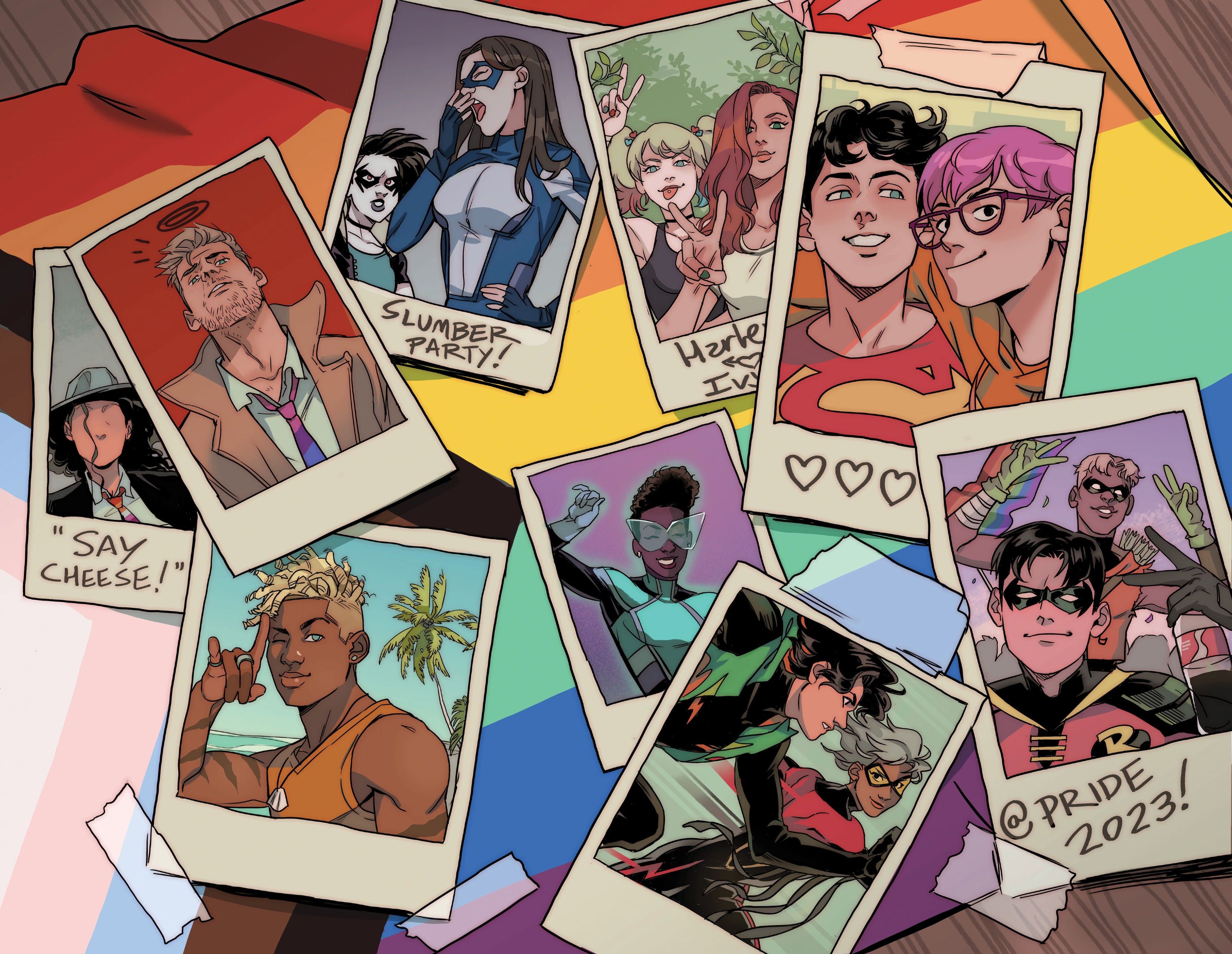 DC Pride 2023 1 Open to Order Picolo Variant Featuring Snapshots of Queer Characters like Constantine, Robin, Superman, Harley Quinn, More