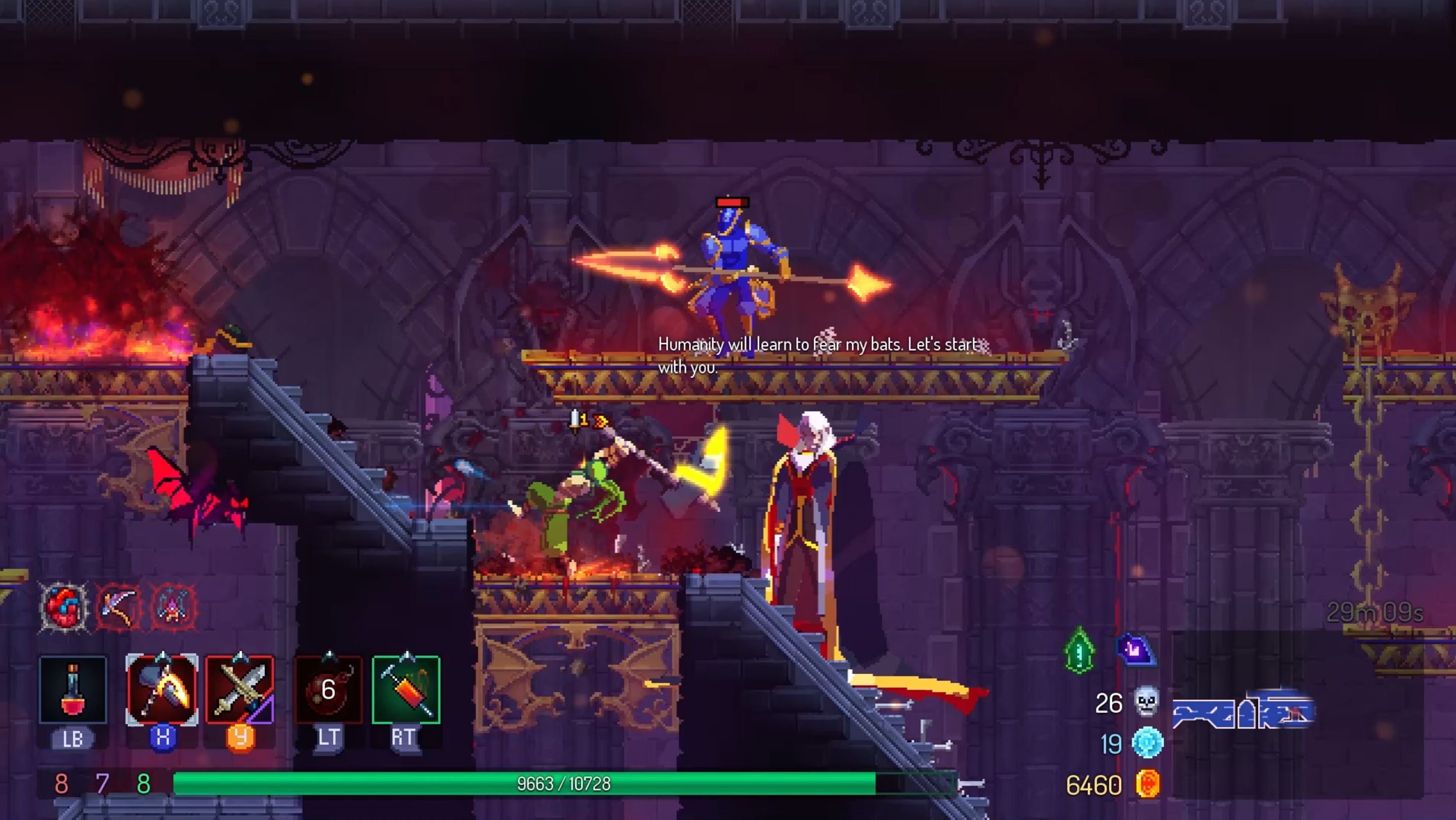An image of a Dead Cells character being attacked by Dracula, a knight, and some bats on a staircase