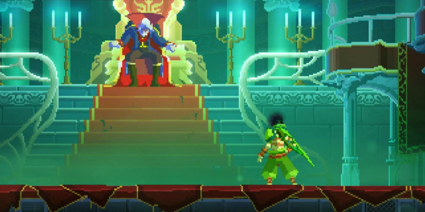 A Dead Cells character standing at the bottom of Dracula's Throne