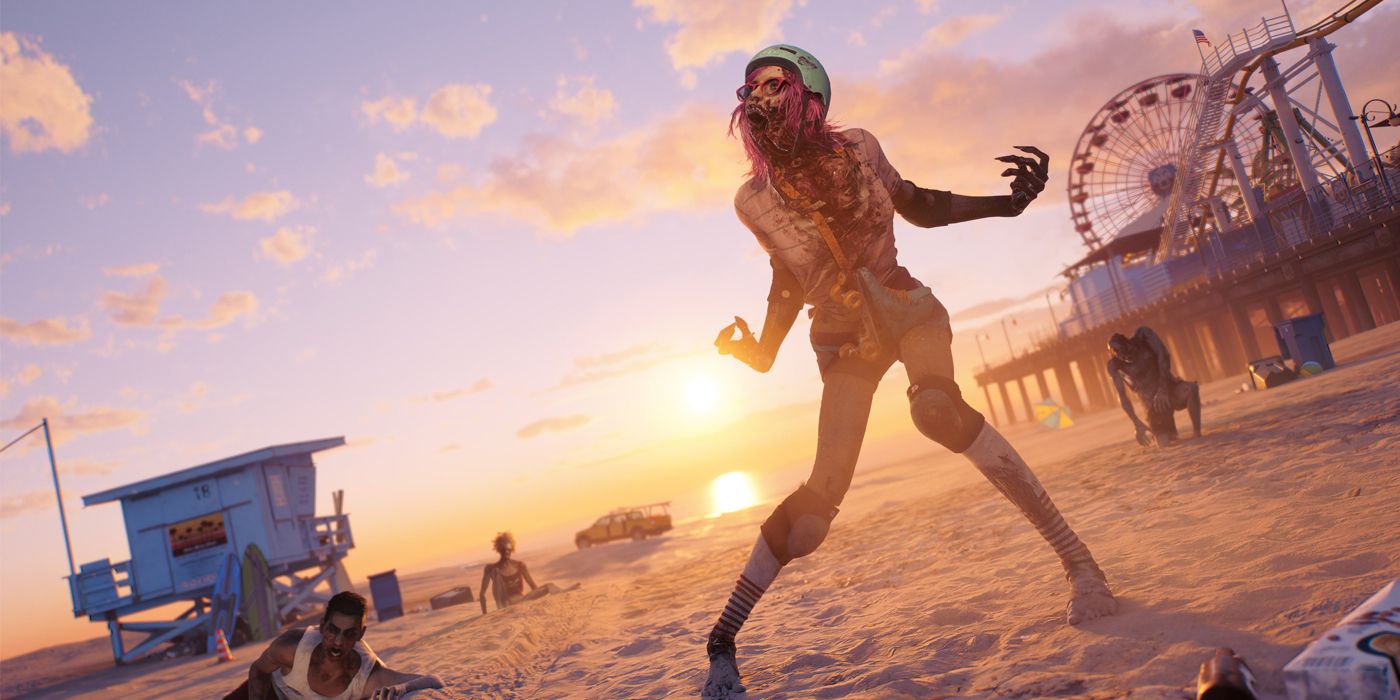 Zombies scattered across a Los Angeles beach at sunset, in Dead Island 2, in front of a pier with a funfair. The closest, most prominent zombie appears to have been a woman rollerskating, as it's wearing a helmet and kneepads.
