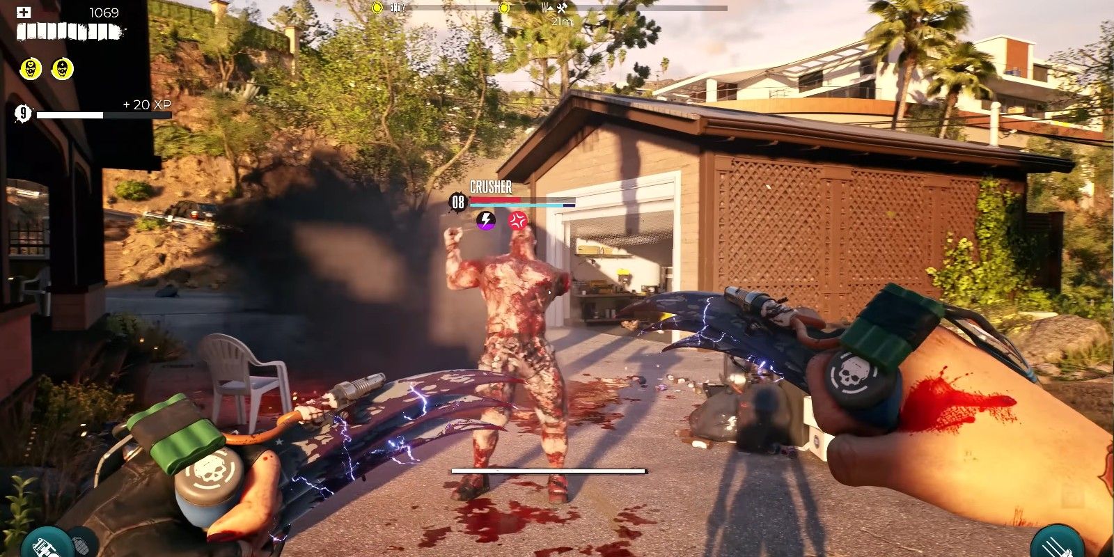 Dead Island 2 screenshot: a large, muscled Crusher zombie faces away from the player, who is holding electrified claw weapons.