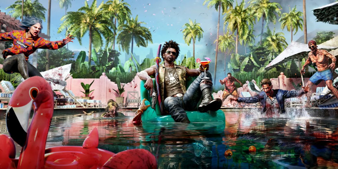 One of Dead Island 2's playable protagonists, Jacob, sits on an inflatable chair, drinking a cocktail in a swimming pool as zombies approach from all directions in Dead Island 2's official cover art.