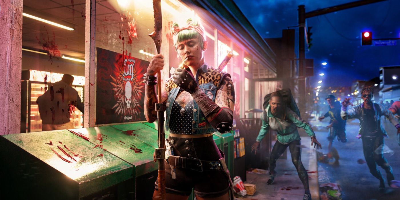 One of Dead Island 2's playable protagonists, Dani lights a cigarette outside of a blood-soaked convenience store as zombies approach on the street behind her.