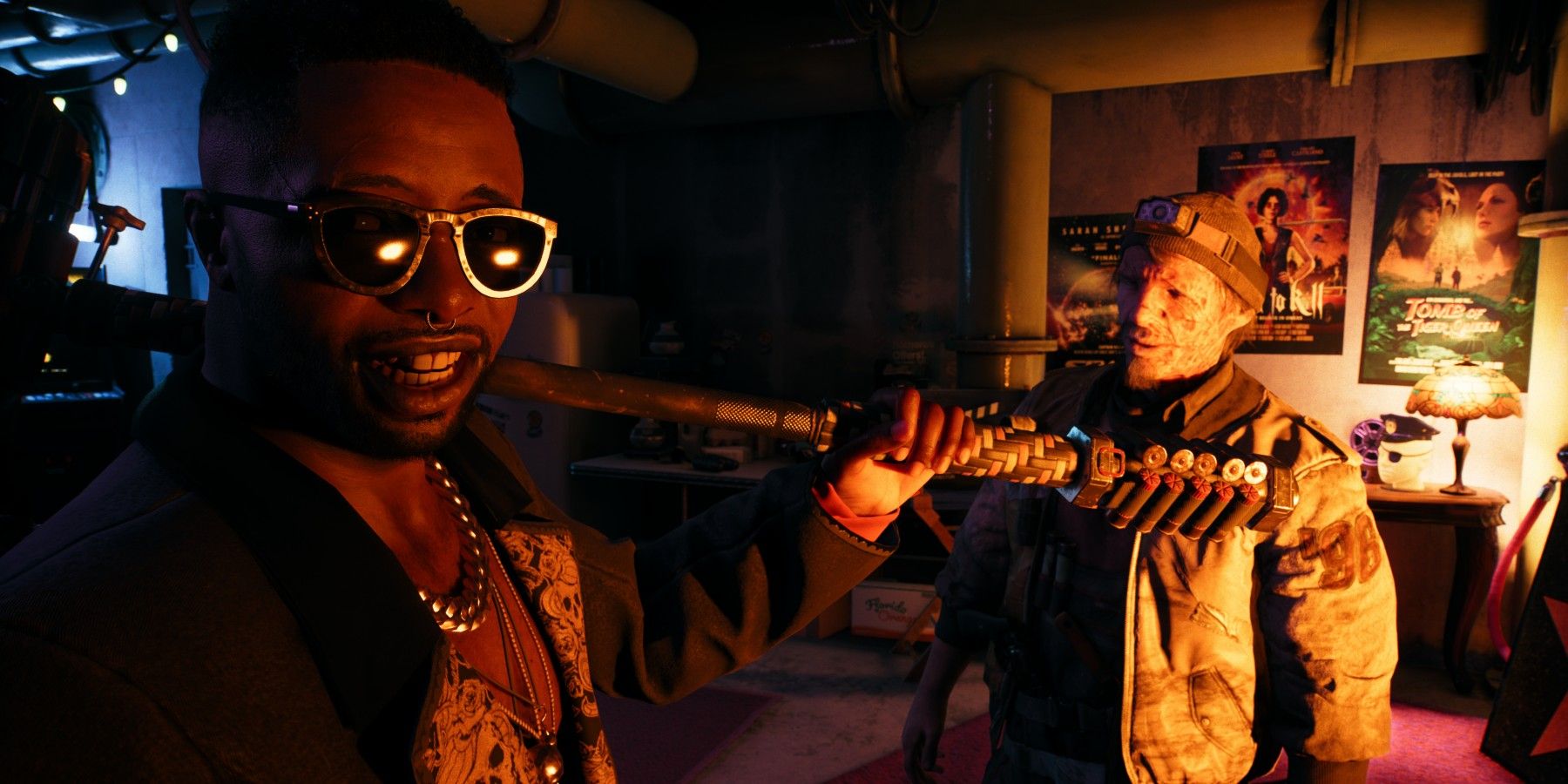 Sam B with a bat in Dead Island 2, alongside an unknown character.