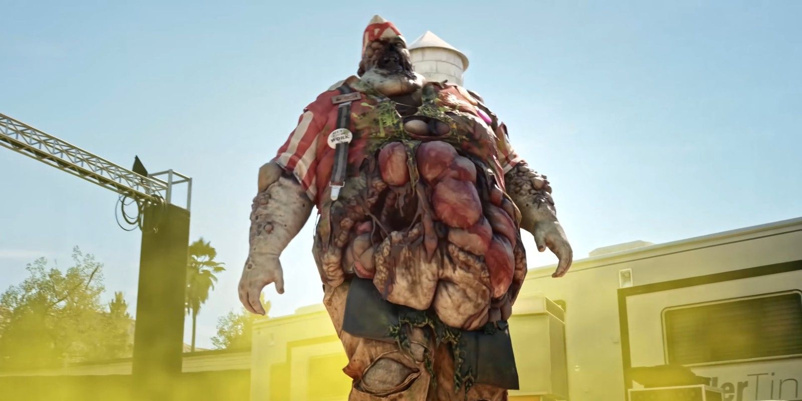 Dead Island 2: an overweight zombie with a fog of green around him, suggesting he is toxic.