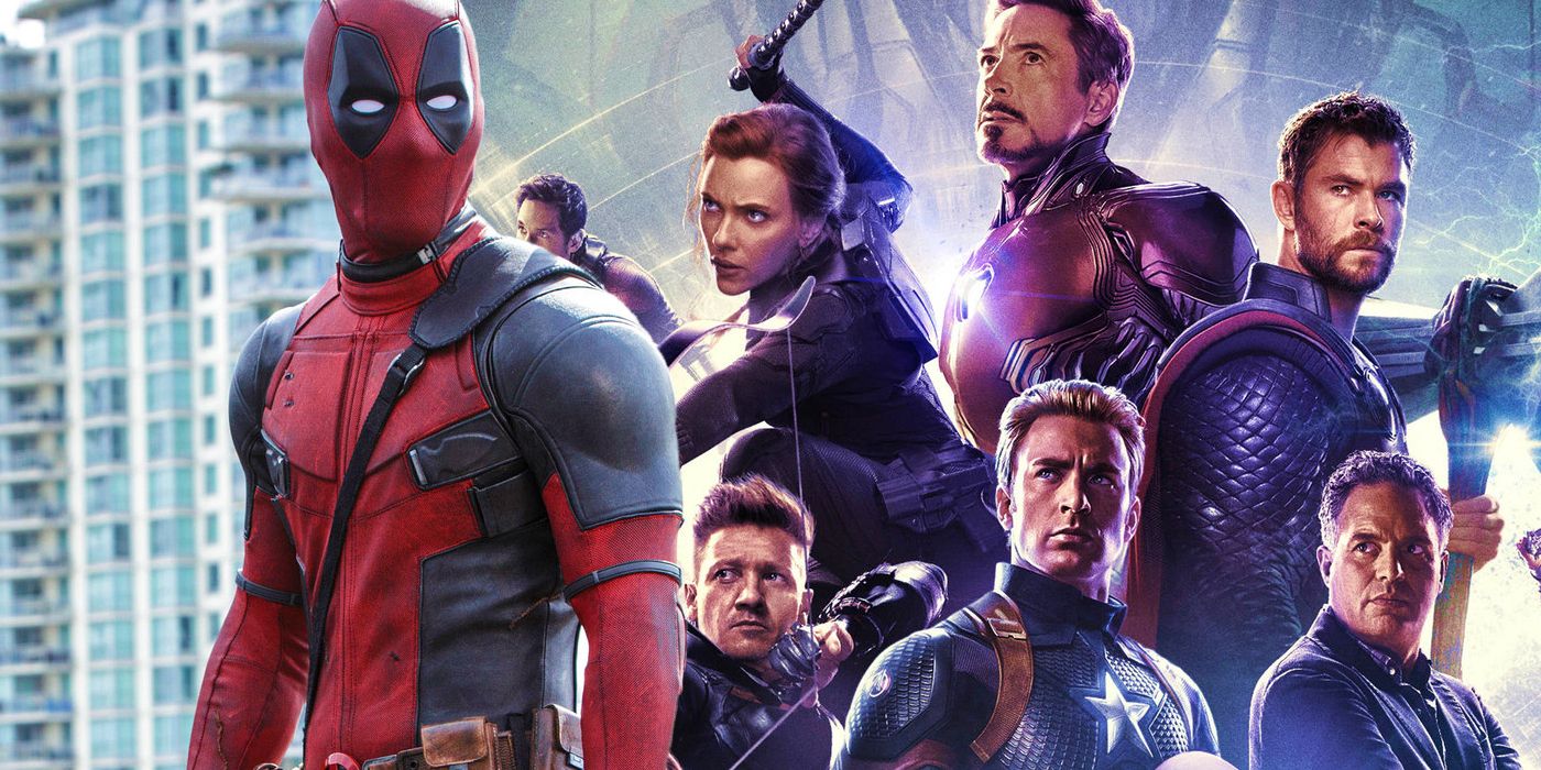 Deadpool next to a poster for Avengers: Endgame showcasing the original six MCU Avengers