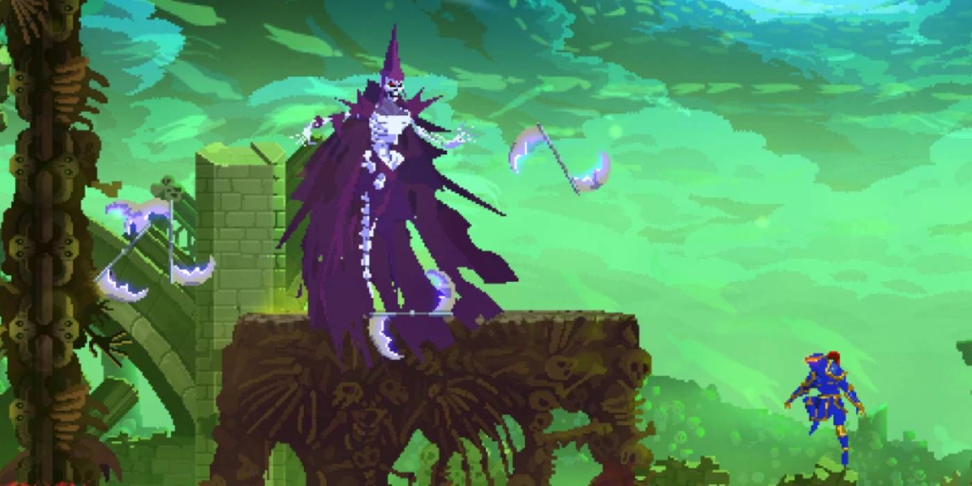 Dead Cells Return to Castlevania DLC Death Phase 1 of Fight with Spinning Sickles Surrounding Boss