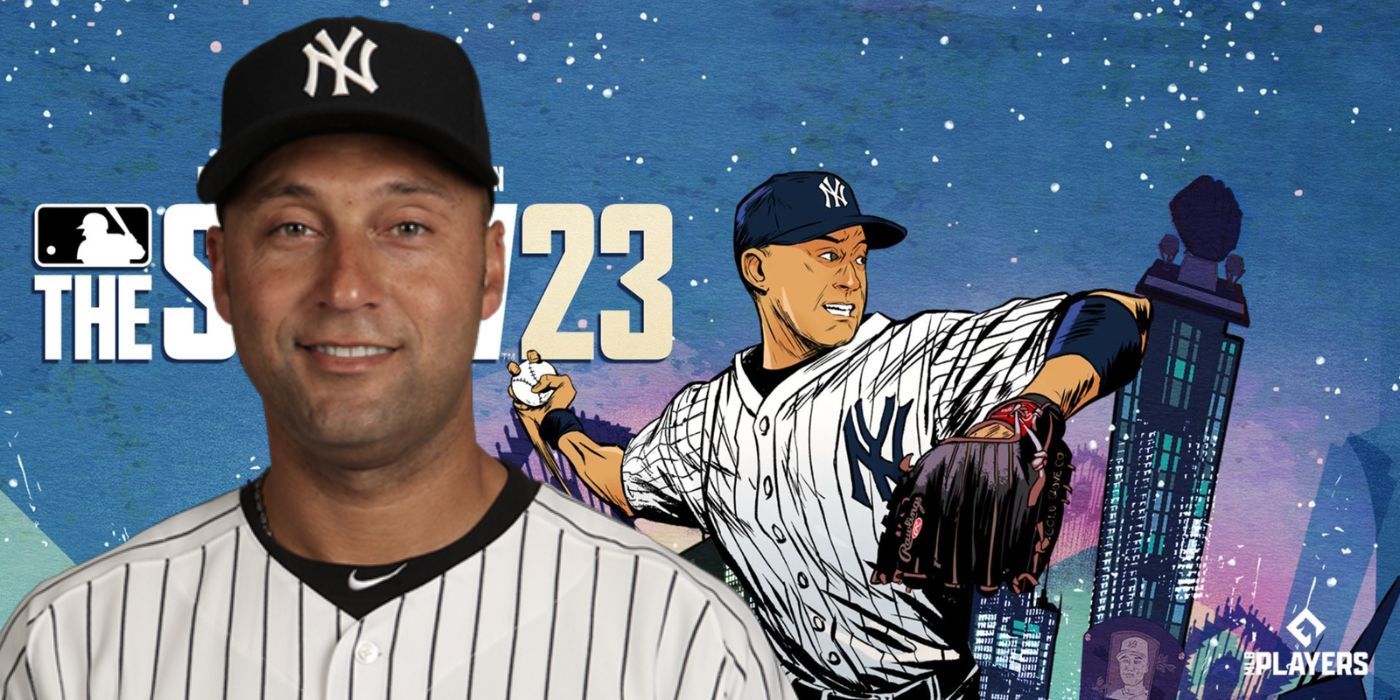 A picture of real life Derek Jeter in front of the MLB The Show 23 Captain Edition cover art that features an illustration of him.