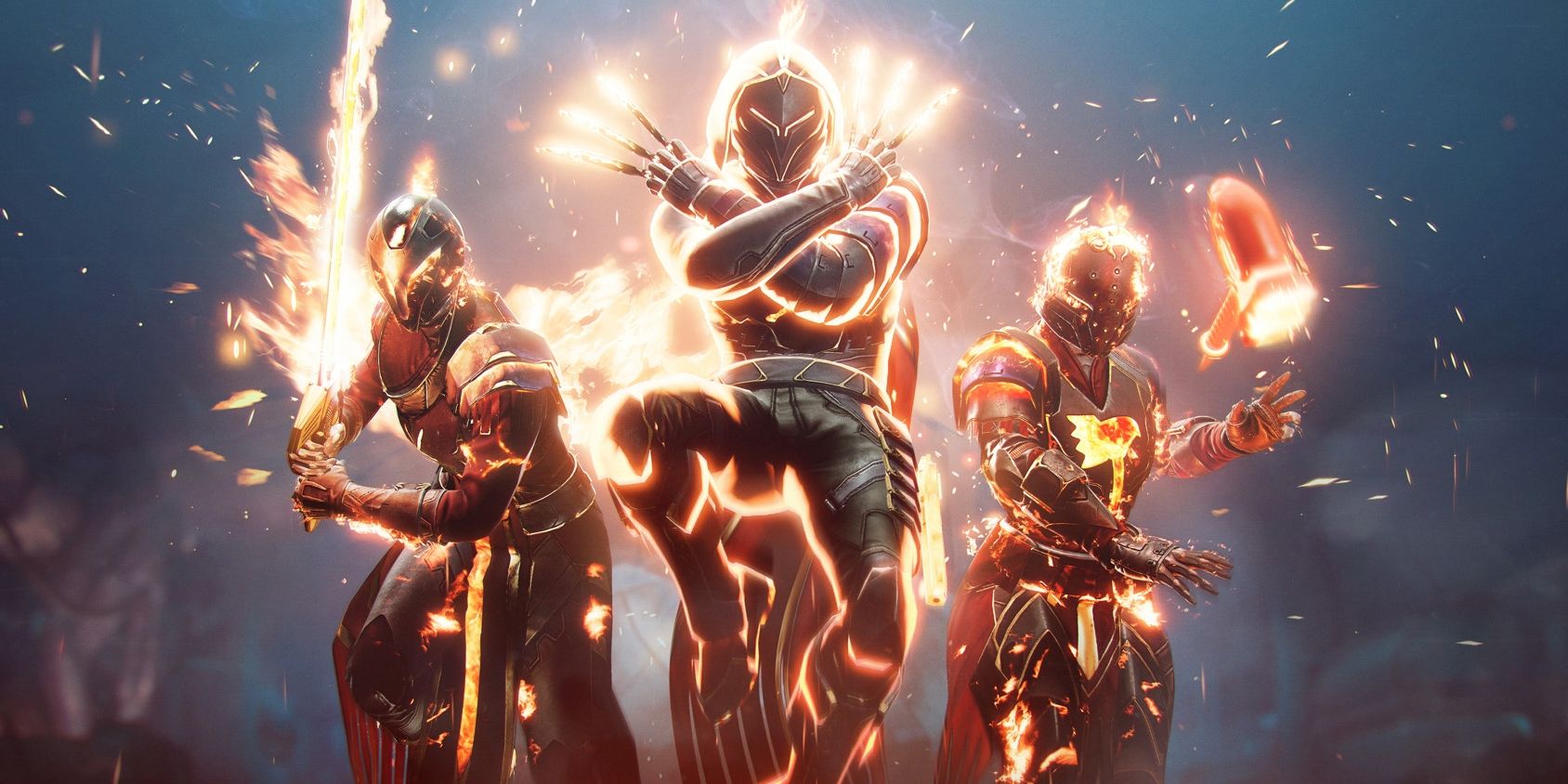 A Destiny 2 Fireteam composed of a Warlock using Daybreak on the left, a Hunter using Blade Barrage in the middle, and a Titan using Hammer of Sol on the right. All of them use the Solar subclass armor ornaments.