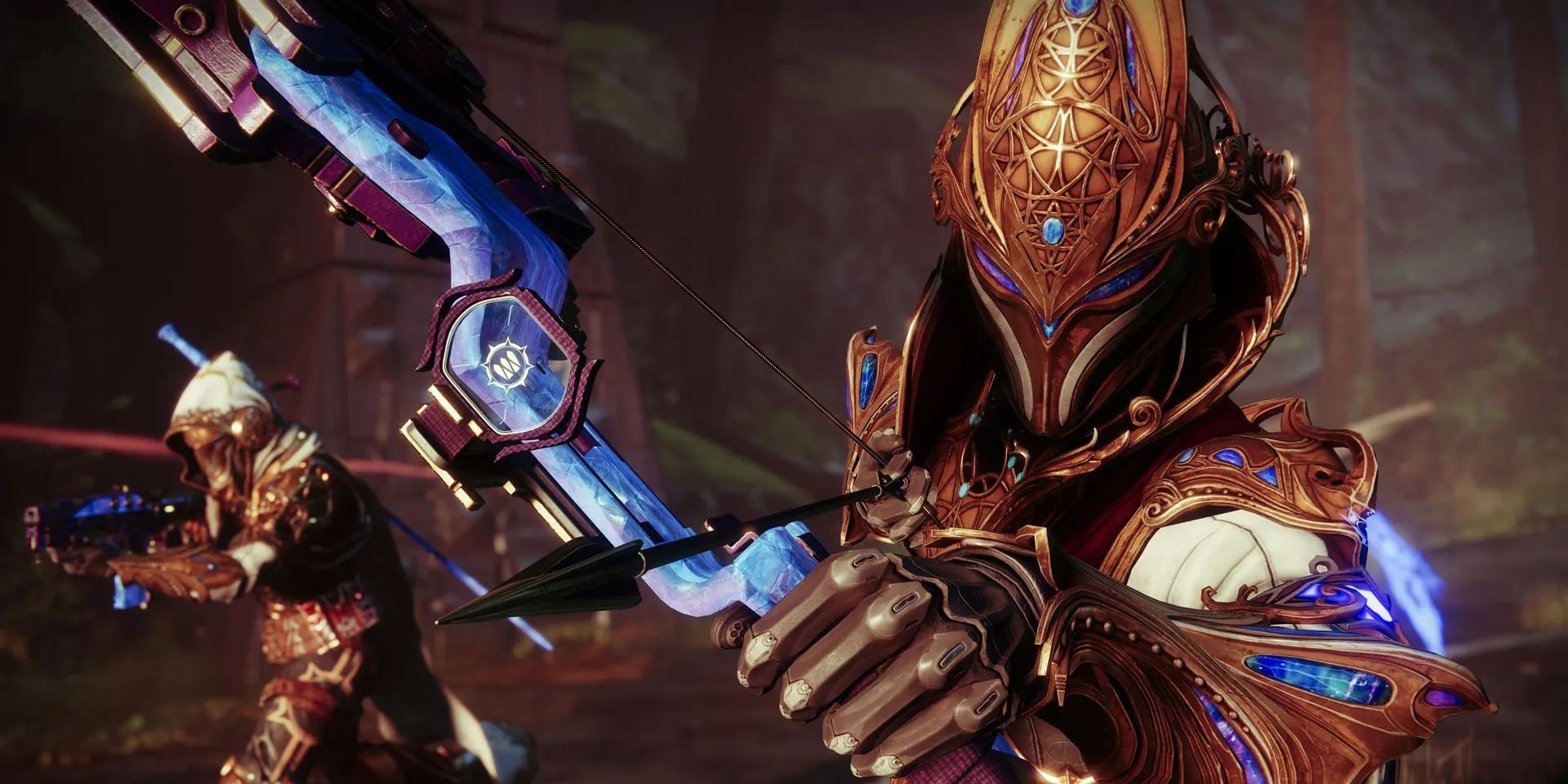 A Destiny 2 Warlock using the Season of Defiance Ornament armor set pulling on the Raconteur bow. There is a Hunter beside him carrying a rifle.