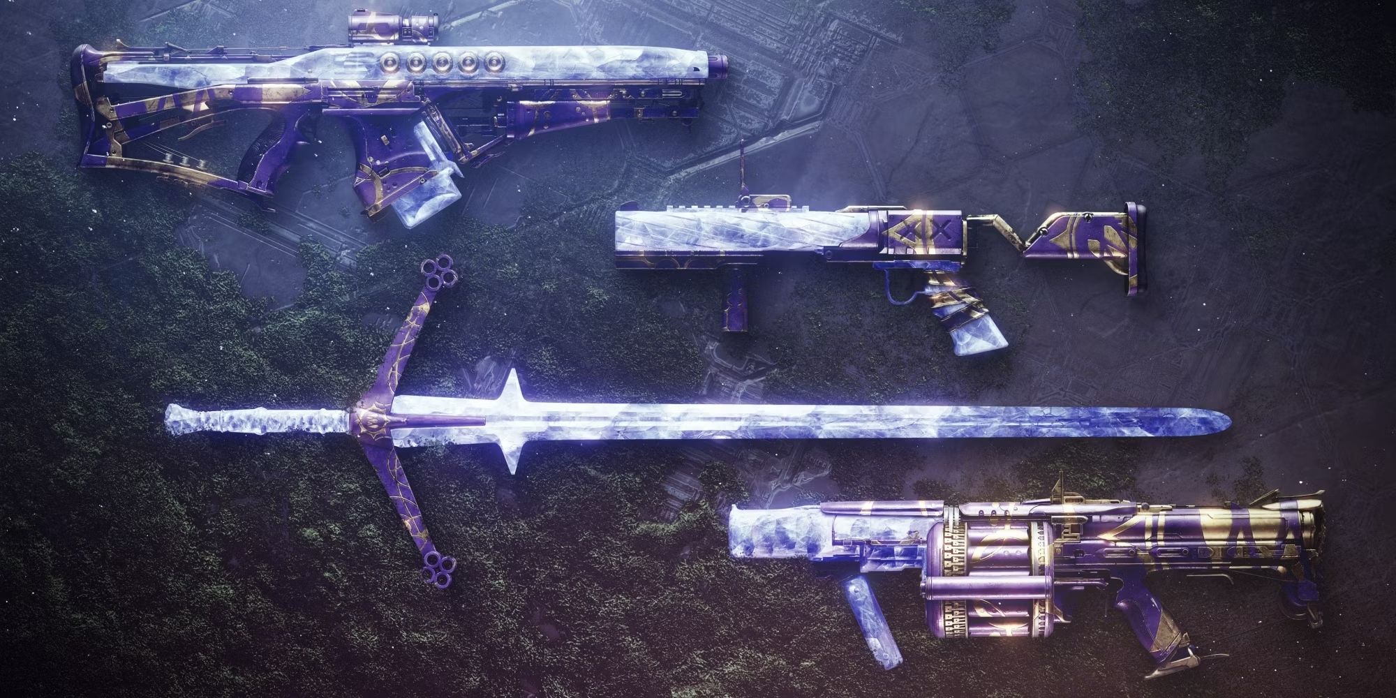 Some of Destiny 2: Season of Defiance's weapons, including a rifle, a shotgun, a sword, and a grenade launcher. They all have a crystal effect along with the Reef Queen's symbol.