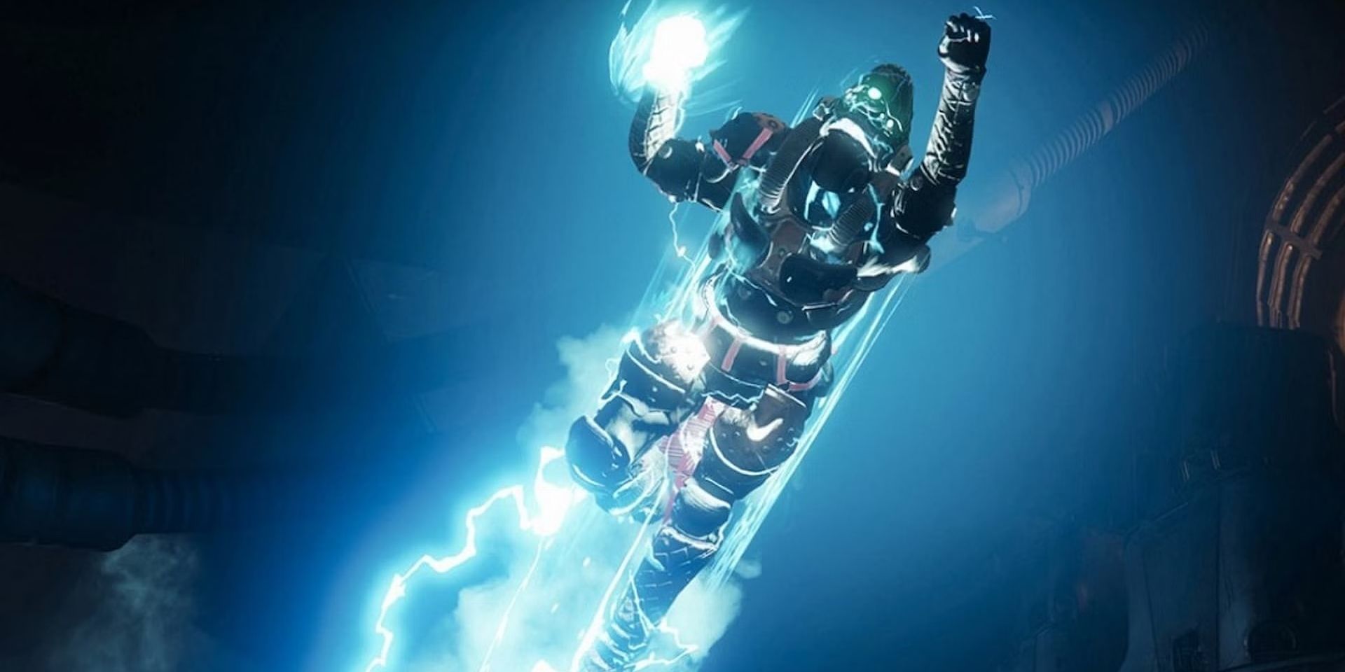 A Destiny 2 Titan using the Arc subclass Super ability Thundercrash, which sees them surrounded by electric Arc energy and flying through the sky ready to punch their opponent.