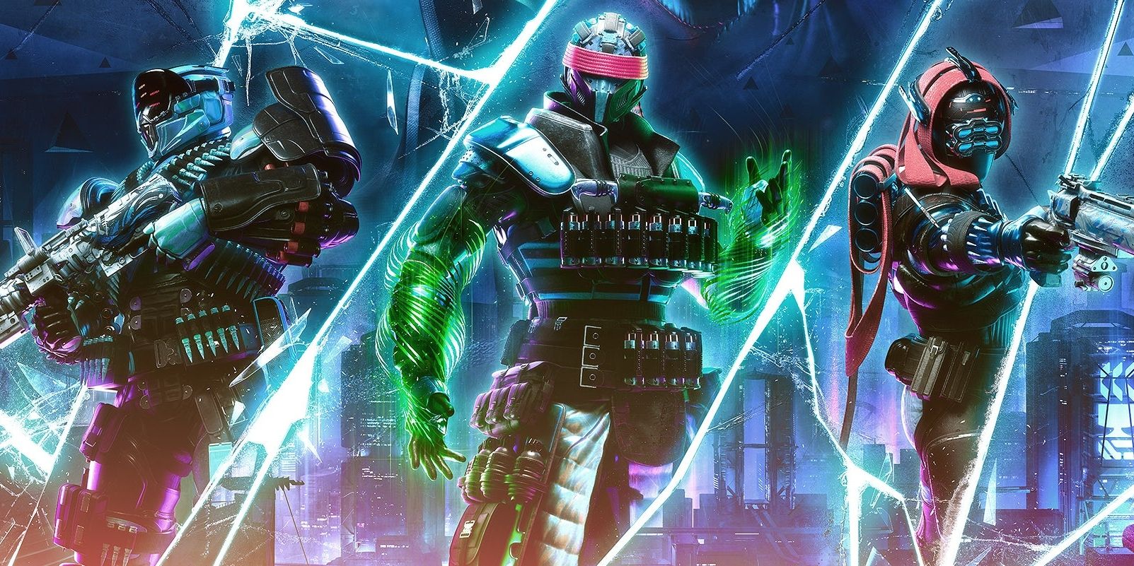 Destiny 2's Guardians posing in Lightfall Neomuna armor. The Titan on the left holds a Machine Gun, while the Hunter on the left aims a Hand Cannon. The Warlock in the middle manipulates the green lines of Strand around his arms.