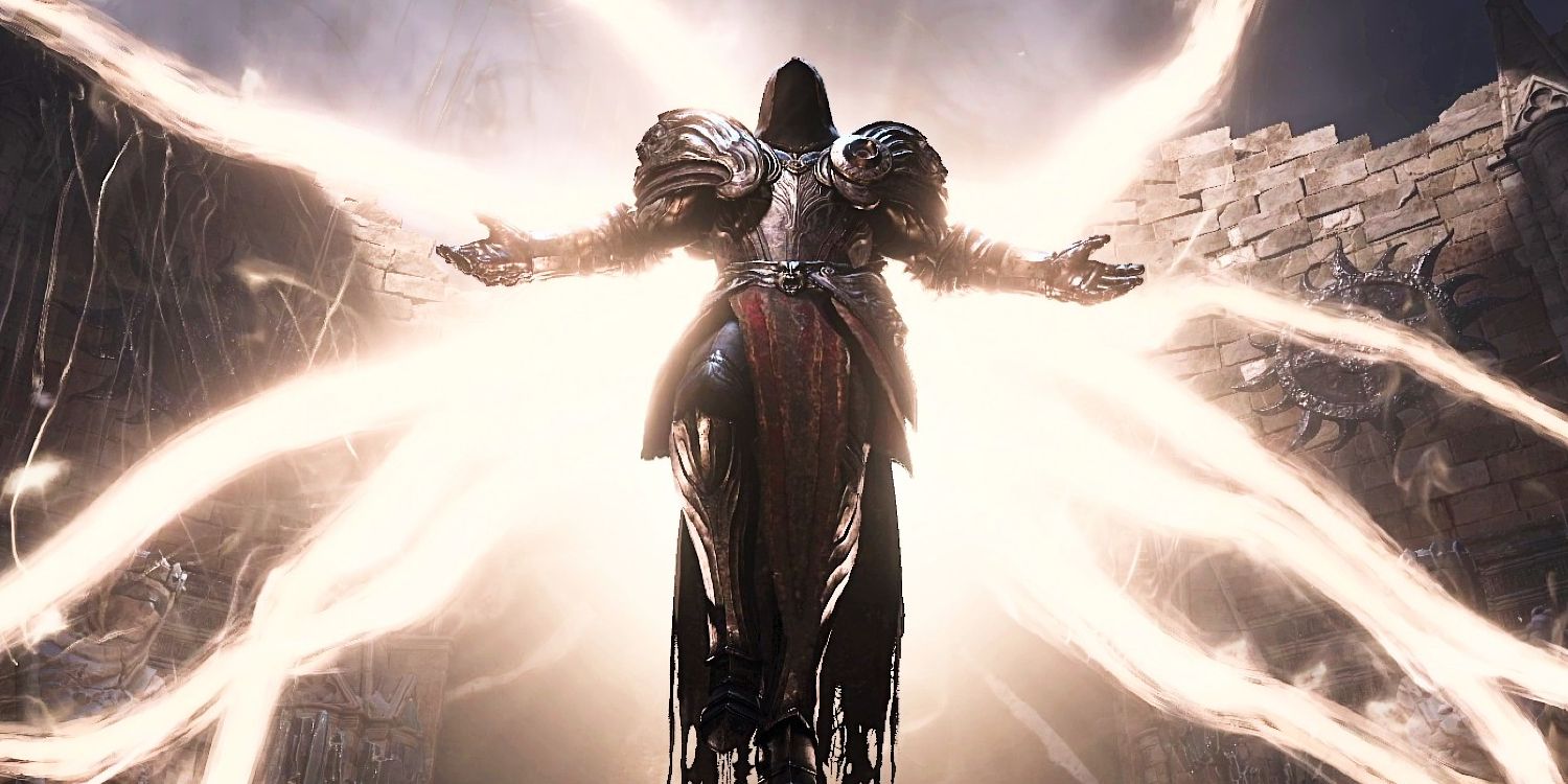 An archangel in Diablo 4, floating above the ground, arms outstretched, and wings of glowing light spread.