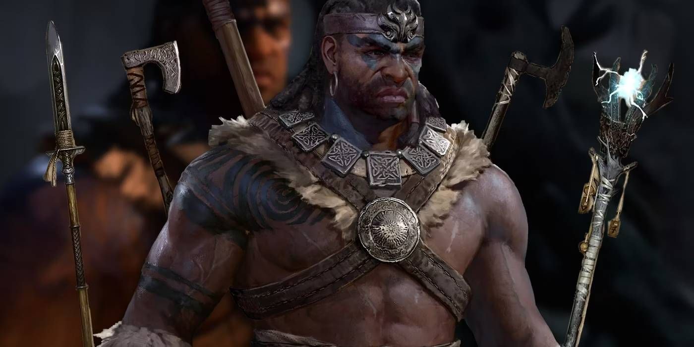 Diablo 4 Barbarian with Several Weapons Behind Them to Accentuate Unique Arsenal System to Class that Lets Players Have 4 Weapons at Once