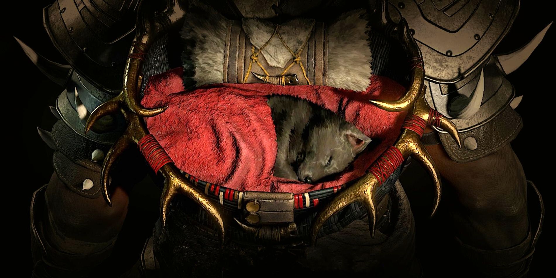 A sleeping wolf pup in a cradle attached to an armor piece in Diablo 4, a special cosmetic reward from the game's beta.