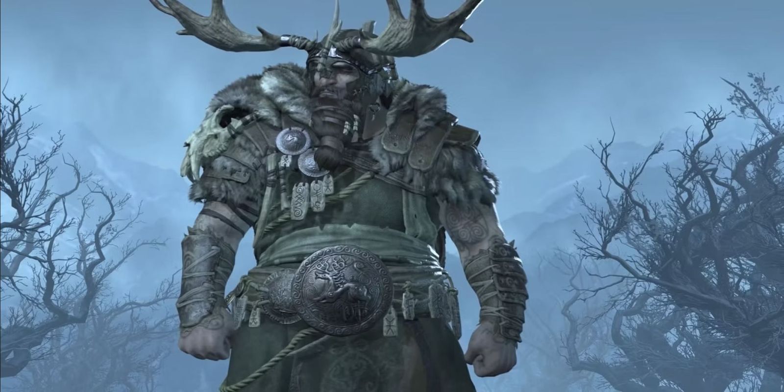 Diablo 4 Druid, manusia raksasa dengan banyak pakaian bulu dan helm tanduk.