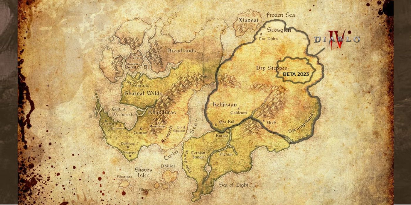 A map of the whole of Sanctuary from the Diablo series, with the map known to feature in Diablo 4 highlighted.