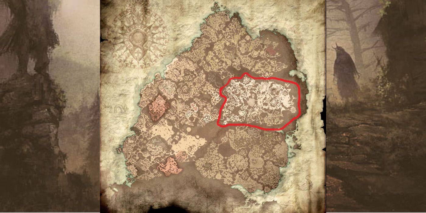 The full map for Diablo 4 with the area featured in the Diablo 4 beta outlined in red, only one-fifth of the area.
