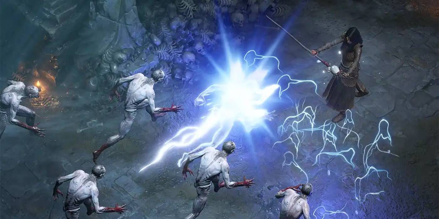 Diablo 4 Sorcerer Menggunakan Skill Sihir Petir Melawan Gerombolan Musuh Ghoul