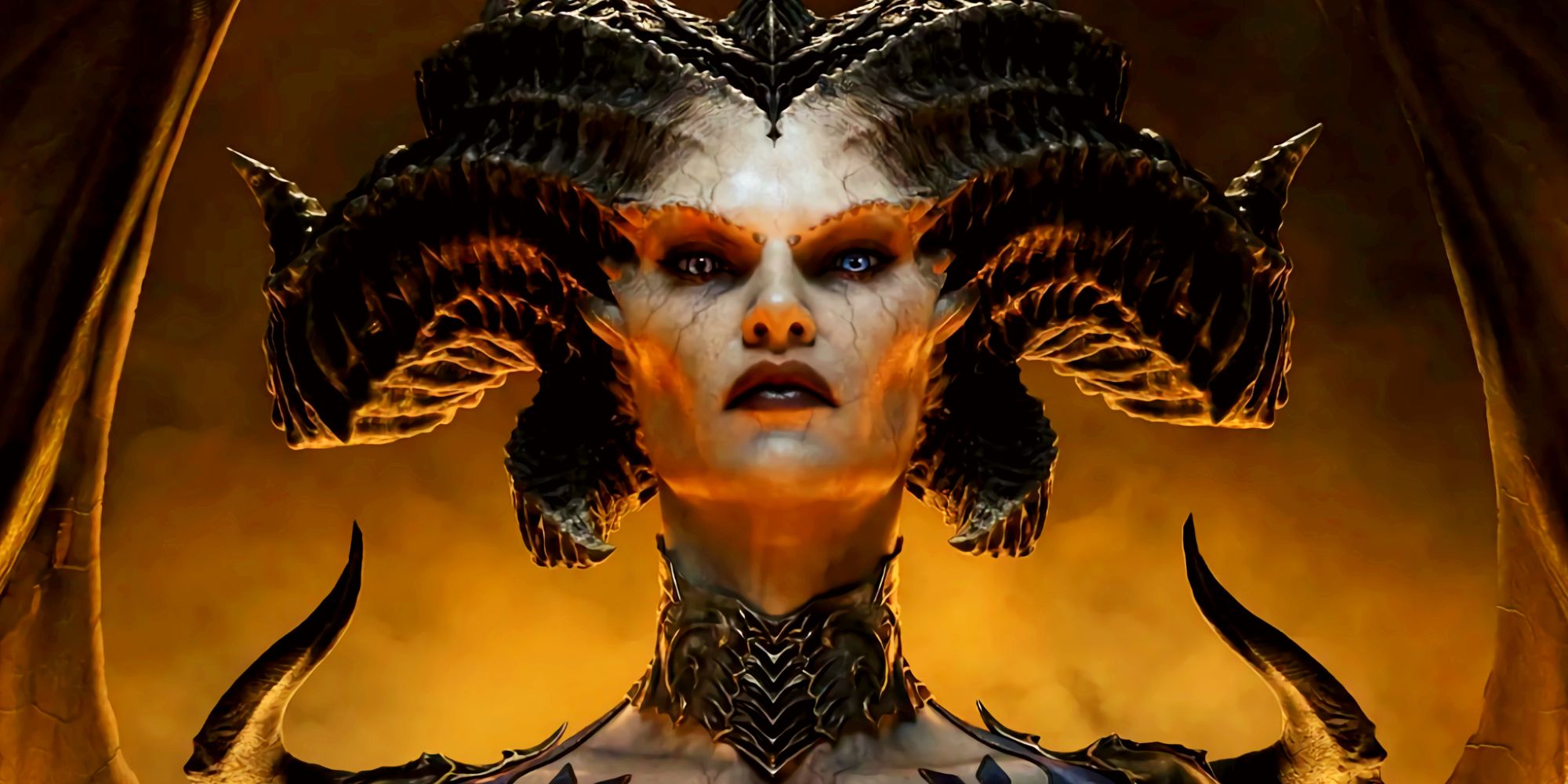 The horned and winged demon Lilith in the key art for Diablo 4's Ultimate Edition, looking directly at the camera and bathed in a golden light.