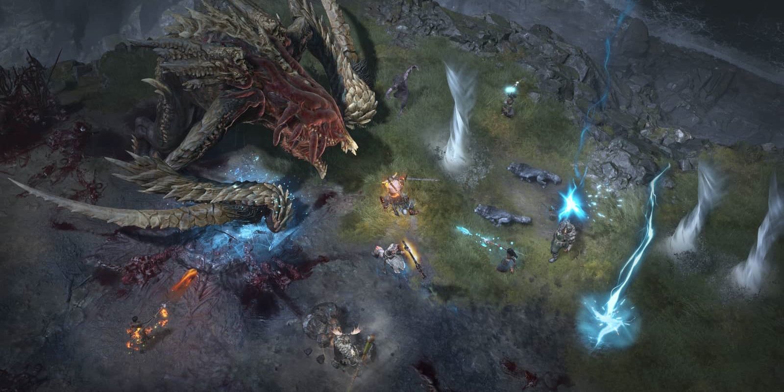 A party of players attacking a Diablo 4 world boss that looks like a large dragonish-demon