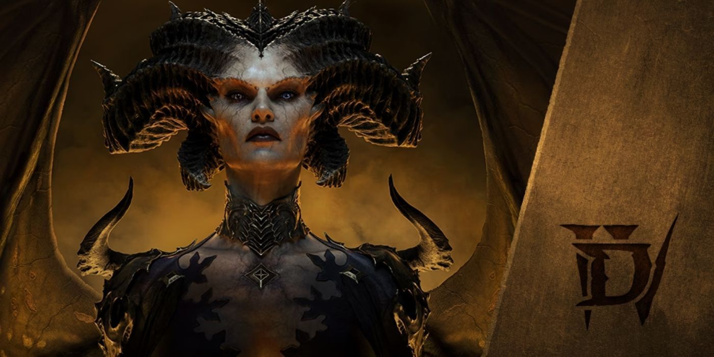 Gambar Diablo 4 menunjukkan Lilith, iblis dengan banyak tanduk dan tampilan urat, bersama dengan logo D IV di sebelah kanan