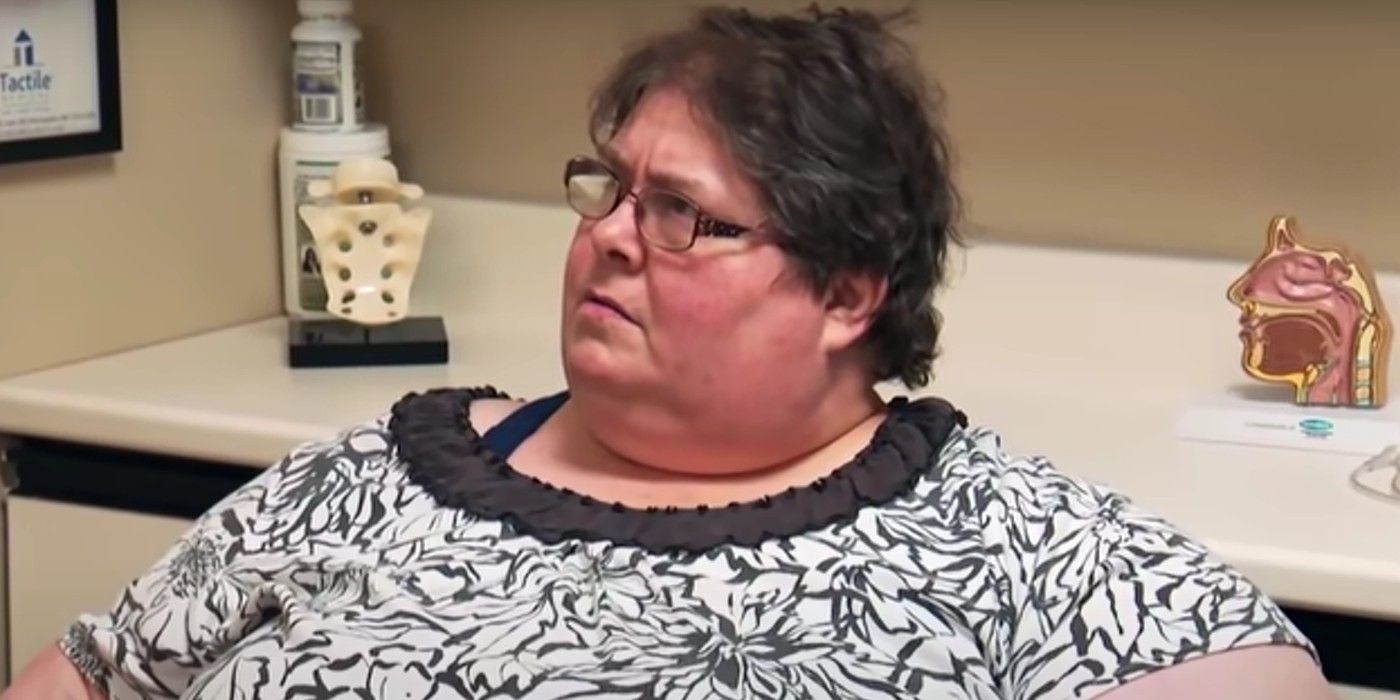diana bunch from my 600 lb life in a black and white blouse and eyeglasses