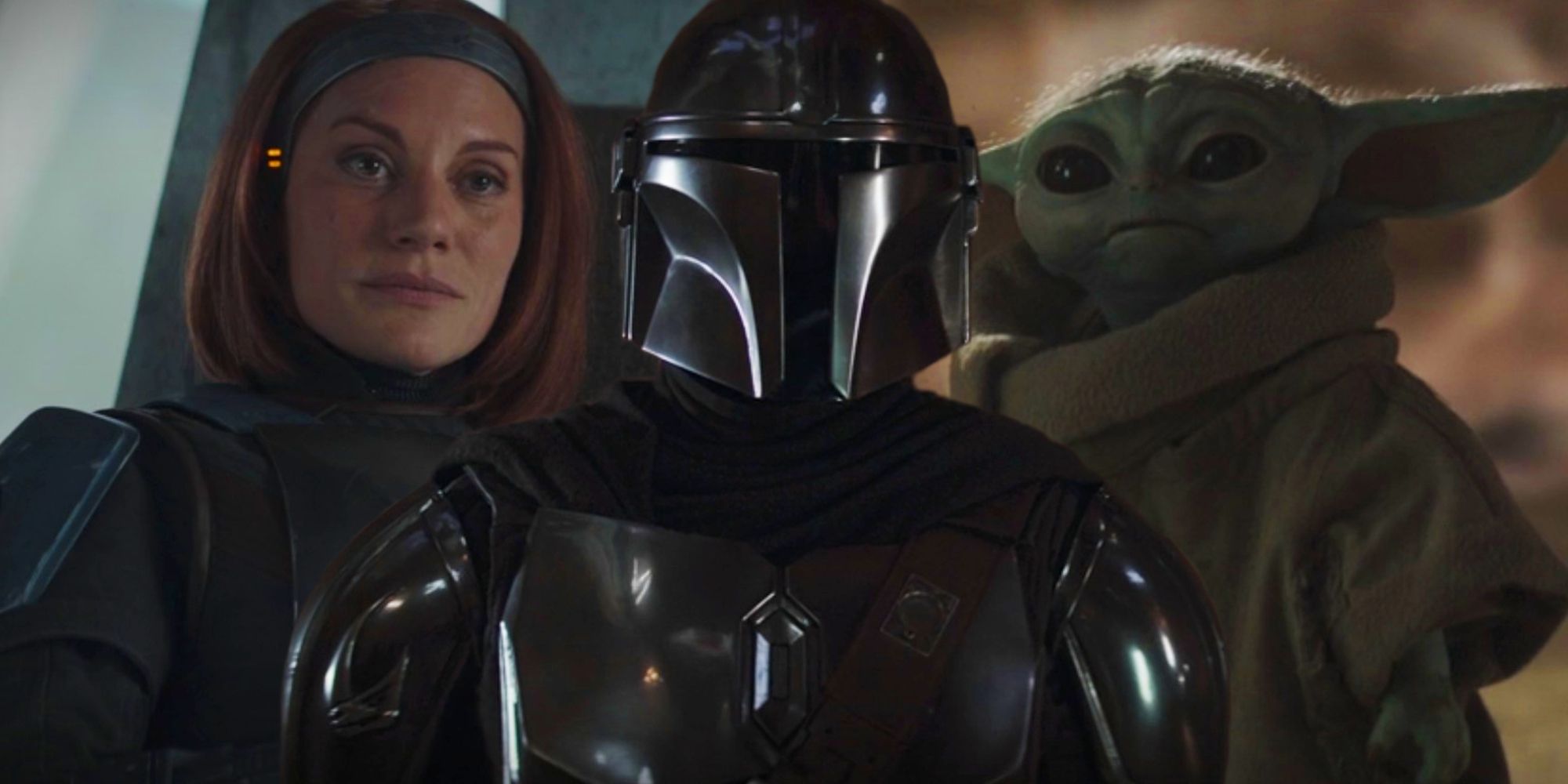 Screengrabs of Bo-Katan Kryze. Din Djarin/Mandalorian, and Grogu in The Mandalorian Season 3 Episode 1