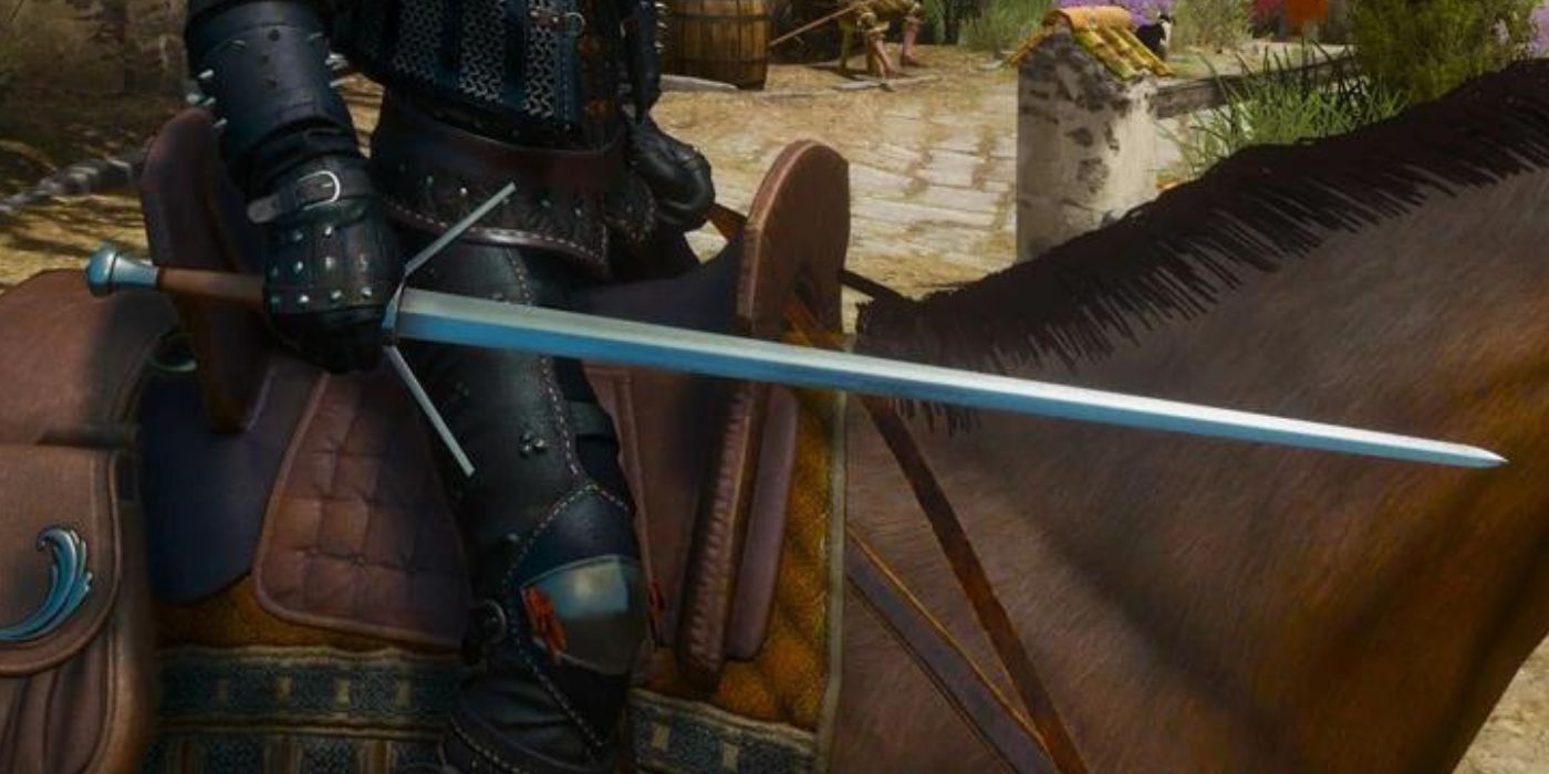 Geralt holding the Disglair sword while riding Roach in The Witcher 3.