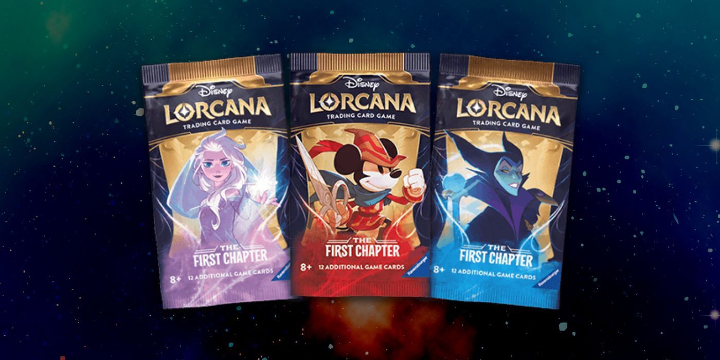 Disney Lorcana First Chapter Booster Packs - Shown are three booster packs, one featuring Elsa, one featuring Mickey and one featuring Maleficent